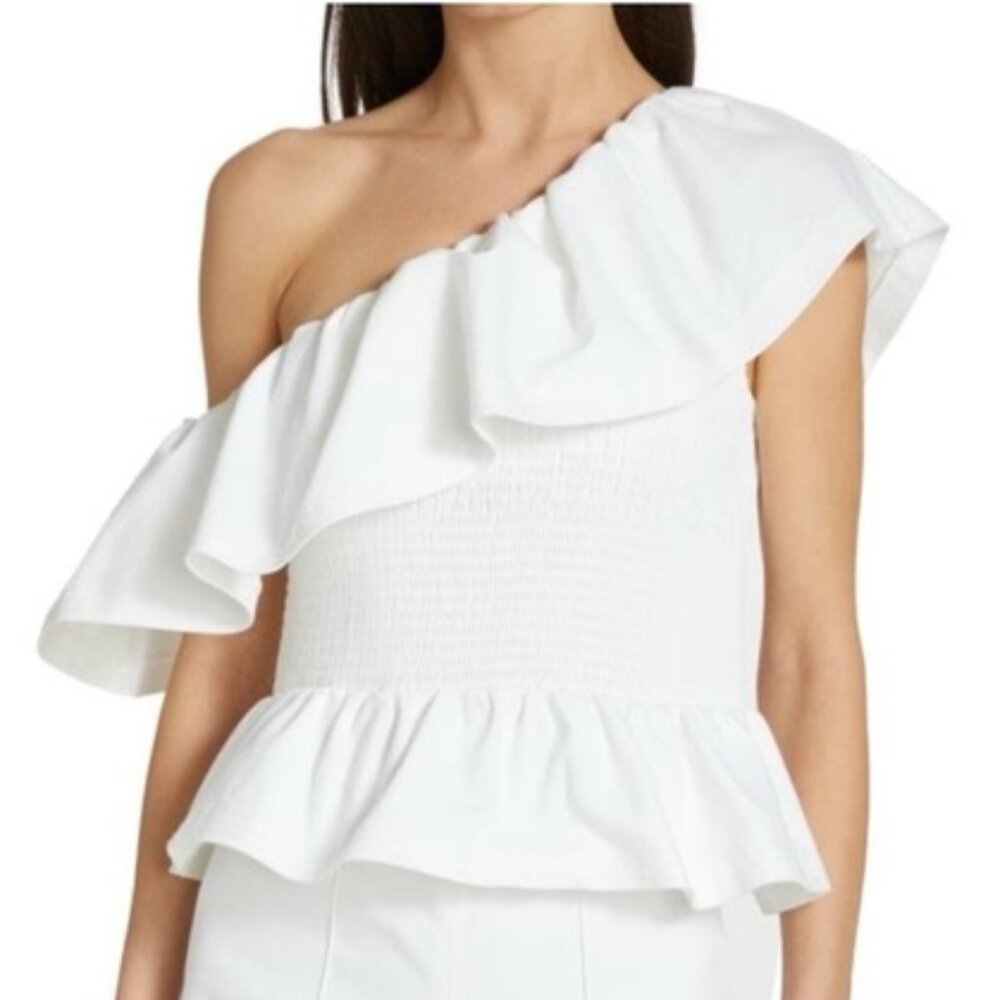 Cinq a Sept - One-Shoulder Ruffled Shirred Peplum Blouse in White